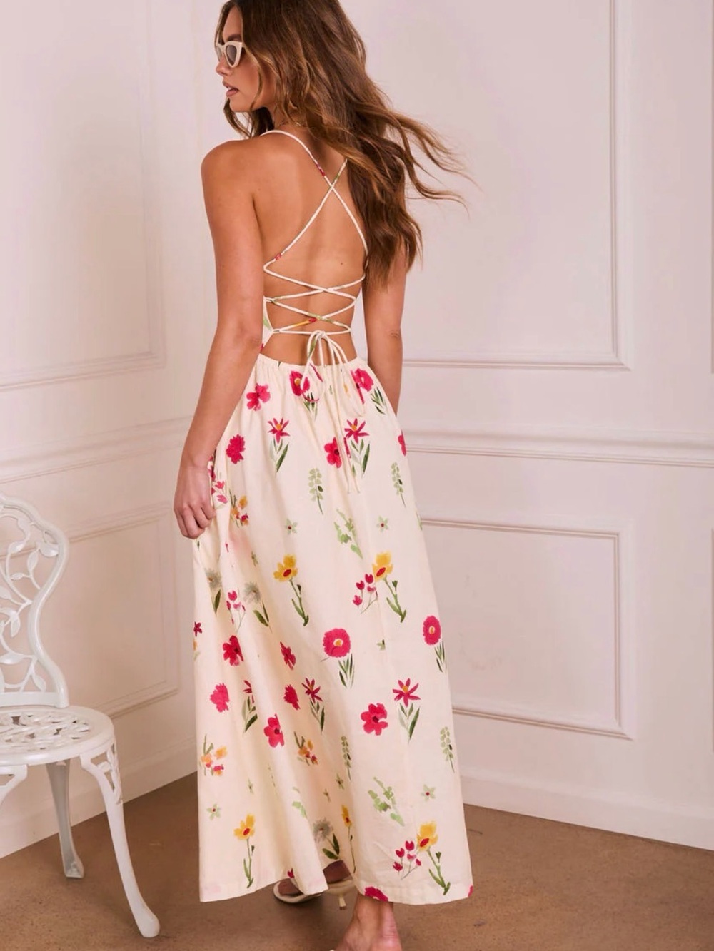 Floral Spaghetti-Strap Maxi Dress in Cream and Pink - Picture 3 of 6